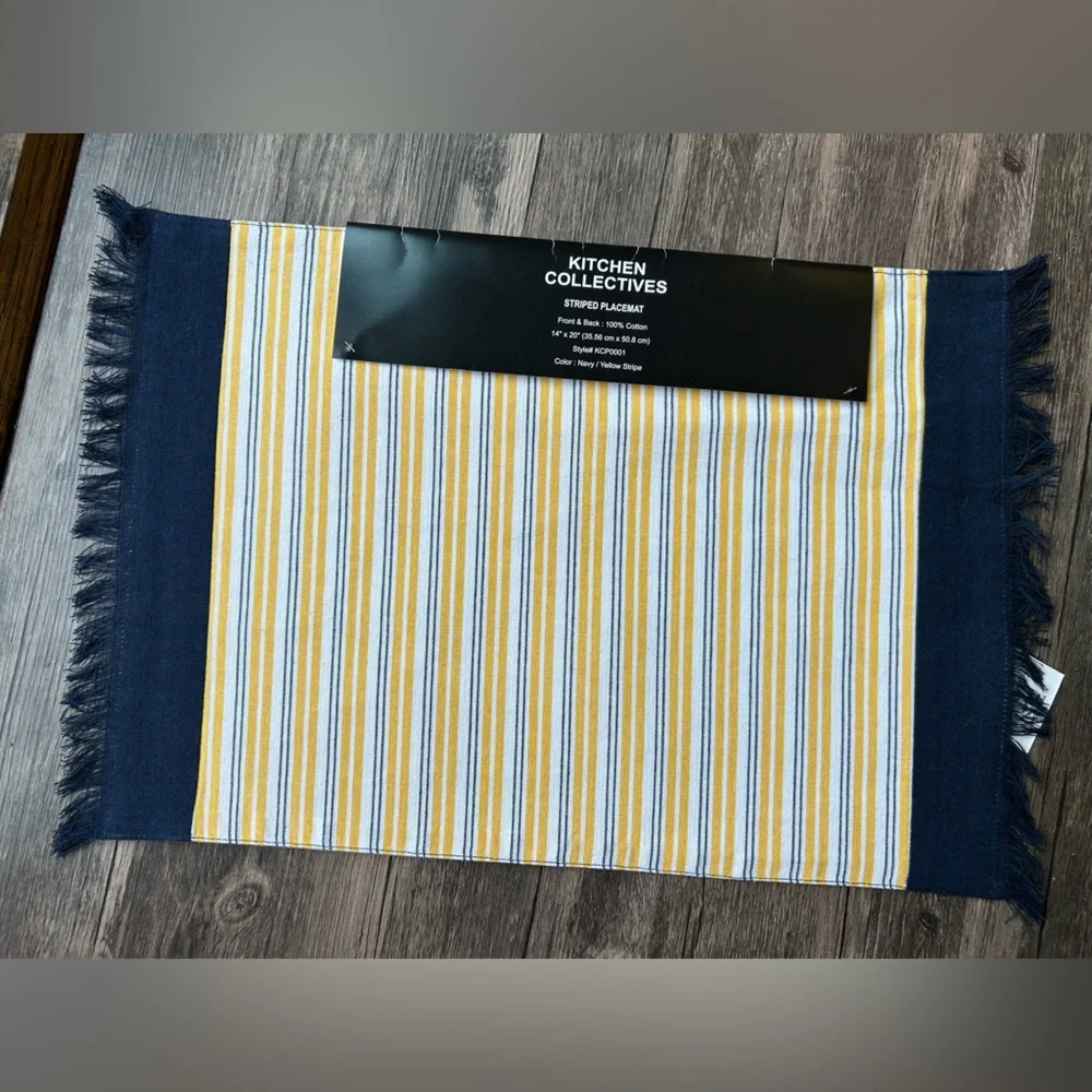 100% cotton, NWT, set of 6 placemats!Navy and Yellow Striped Placemats